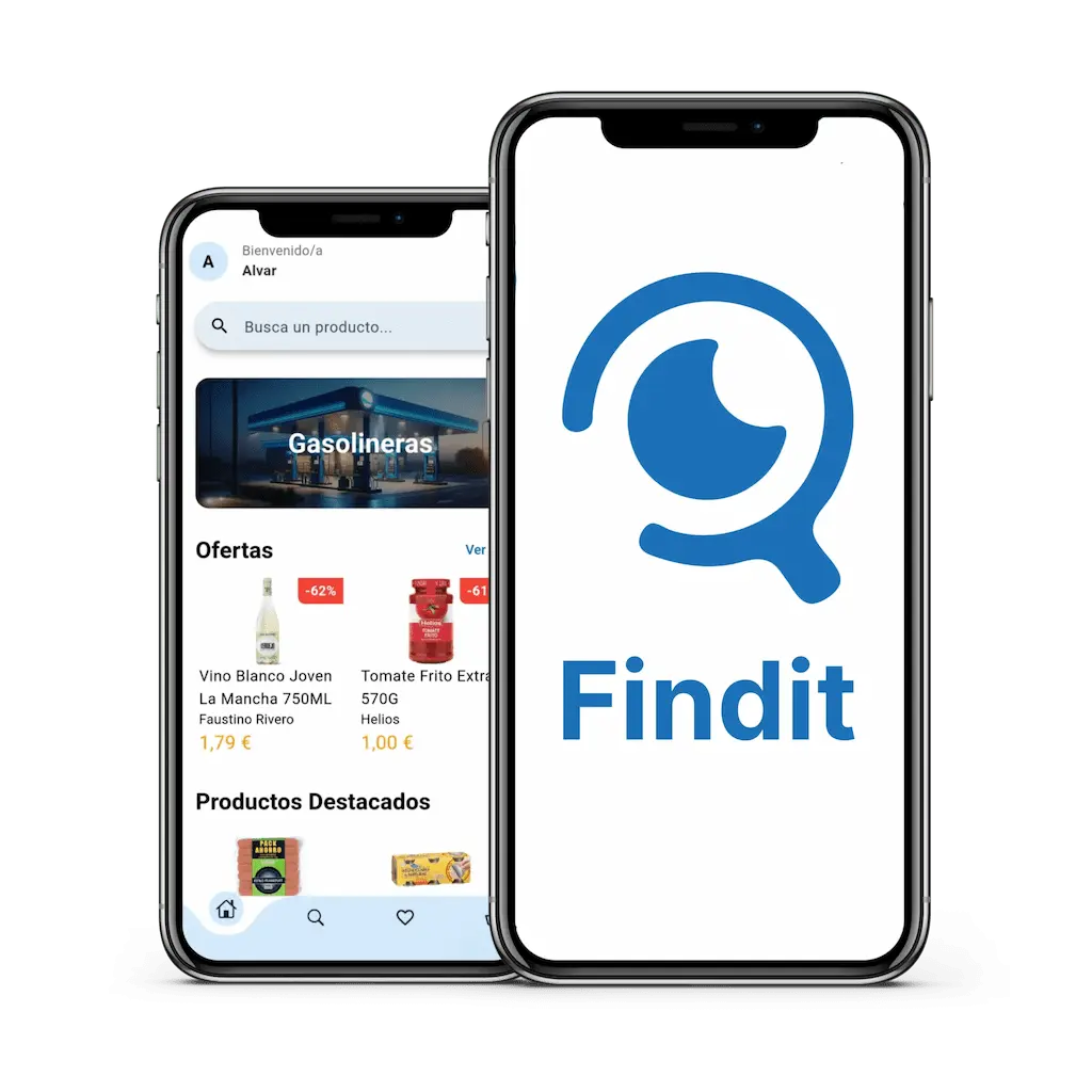 Pantallas de Findit: inicio con buscador, acceso a gasolineras y ofertas de productos