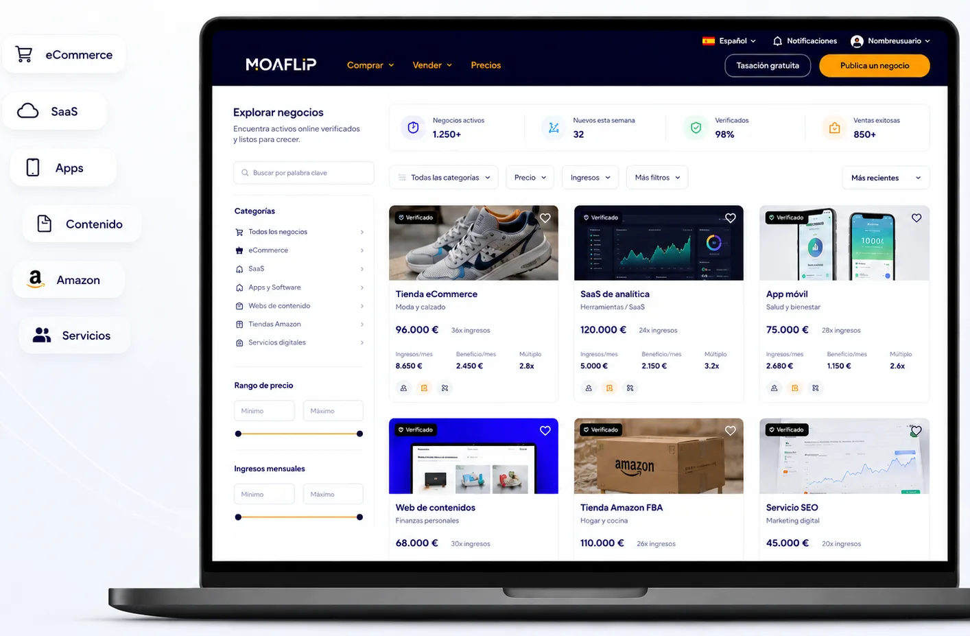 Marketplace de compraventa de negocios digitales de Moaflip
